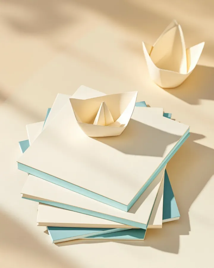 A stack of small cream booklets with teal edges and a folded paper boat on top.