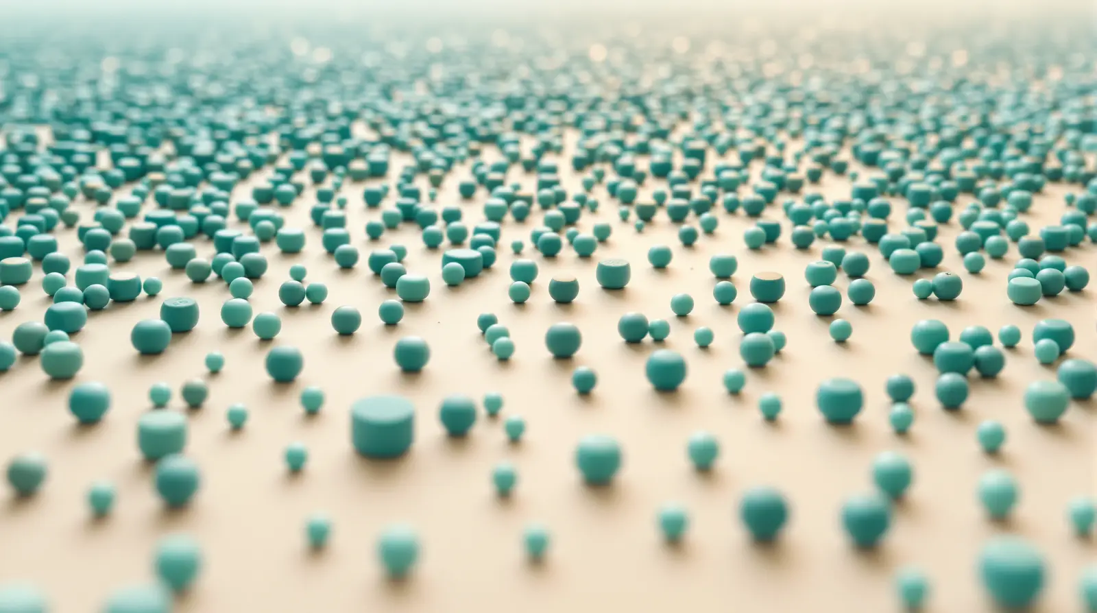 A low view across a tabletop covered with thousands of small teal pieces that run past the edge of the table.