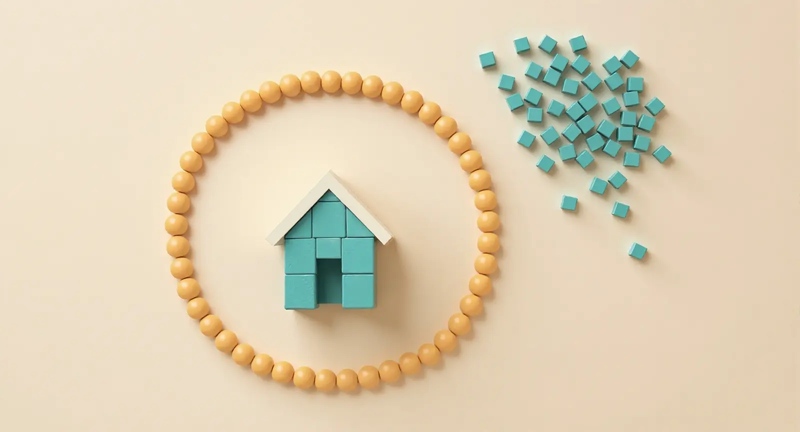 Round amber beads close into a ring around the pencil circle. Inside, teal pieces sort into a small construction with a paper roof. Outside, the pieces slide back and blur.